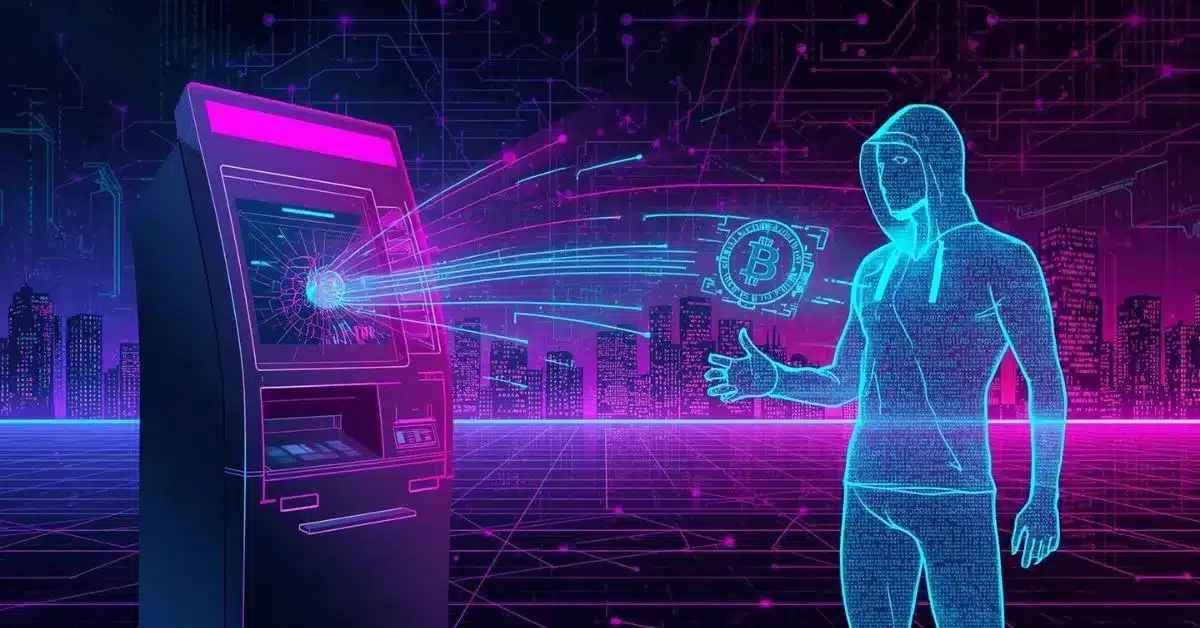 A neon-lit digital figure interacts with a futuristic Bitcoin ATM that appears to be hacked, with glowing data streams and a Bitcoin symbol transferring between them, set against a cyberpunk cityscape in pink, purple, and blue tones.