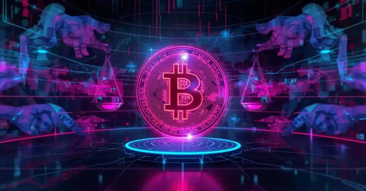 Parlak pembe renkte ışıldayan bir Bitcoin sembolünün, fütüristik bir dijital işlem arayüzünün merkezinde yer aldığı neon siberpunk tarzı bir illüstrasyon. Etrafı holografik grafikler ve veri çizgileriyle çevrili. Her iki tarafta da piyasa kontrolünü ve dengeyi simgeleyen robotik eller ve teraziler bulunuyor. Karanlık, yüksek teknoloji arka plan üzerinde neon pembe, mor ve mavi renk paleti hakim.