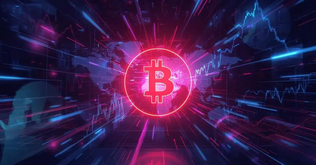 **Alt metin:** *Parlayan bir Bitcoin sembolü, fütüristik dijital bir sahnenin merkezinde neon pembe ışık yayarken, arka planda mavi ve mor tonlarda holografik piyasa grafikleri ve bir dünya haritası yer alıyor; bu sahne küresel kripto ticaretini ve piyasa momentumunu temsil ediyor.*