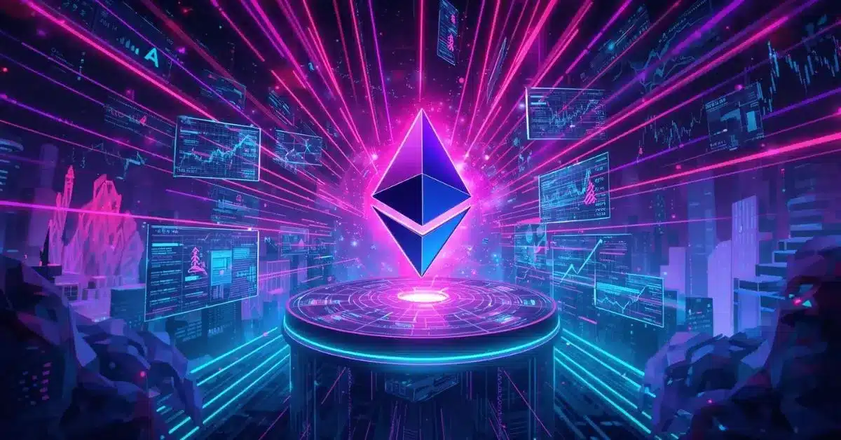 A glowing Ethereum logo hovers above a futuristic platform, surrounded by neon pink, purple, and blue light beams and holographic financial charts in a cyberpunk digital cityscape, representing blockchain technology and crypto market activity.