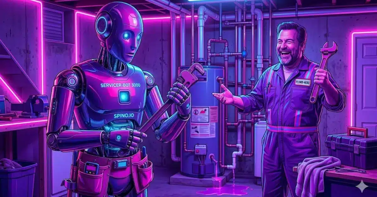 Neon cyberpunk-style illustration of a humanoid robot holding a wrench in a basement utility room, facing a smiling plumber who is also holding tools. The scene features glowing pink and purple lighting, pipes and a water heater in the background, and a small water leak on the floor, suggesting a collaboration between human and robot in repair work.