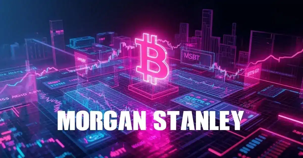 A glowing neon Bitcoin symbol stands at the center of a futuristic digital trading platform, surrounded by holographic financial charts, data panels, and a cityscape backdrop in pink, purple, and blue tones, with “MSBT” and “Morgan Stanley” prominently displayed, representing a Bitcoin ETF launch.