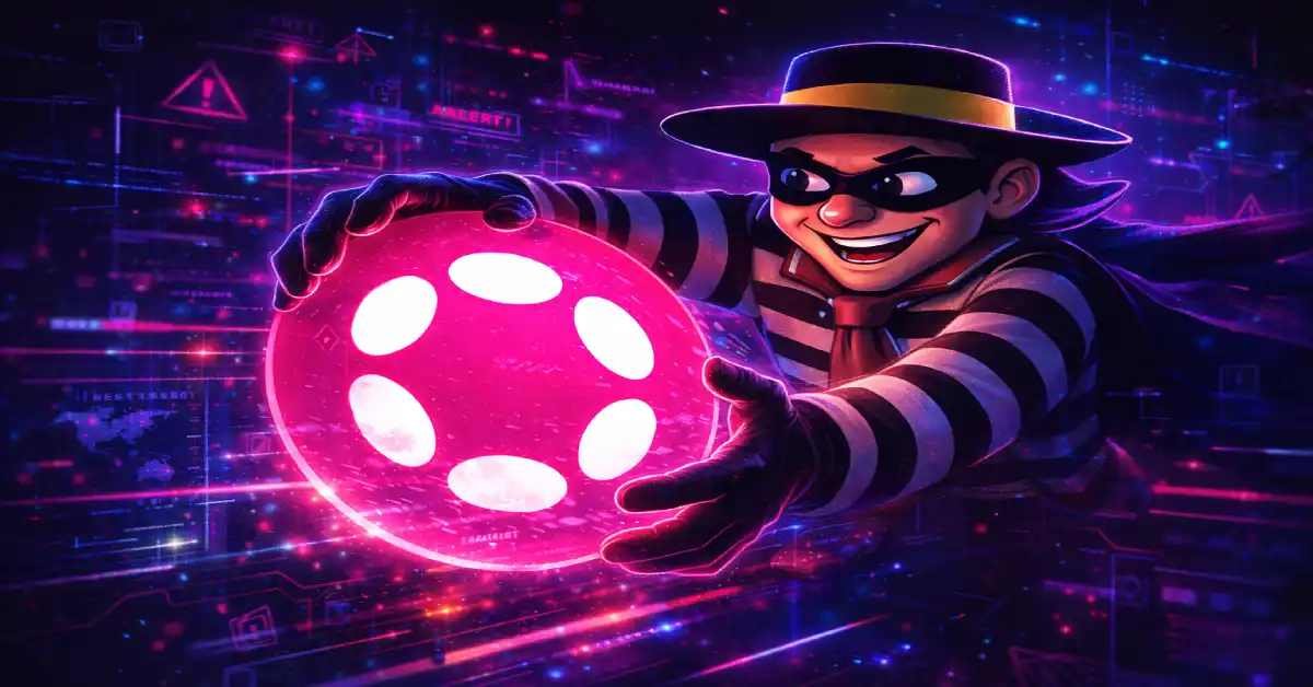 Neon pembe, mor ve mavi dijital efektlerle çevrili, parlayan bir Polka logosunu çalan maskeli bir hırsızı gösteren siberpunk tarzı illüstrasyon; Polka kripto hareketlerini, güvenlik risklerini ve blok zinciri trendlerini temsil ediyor.