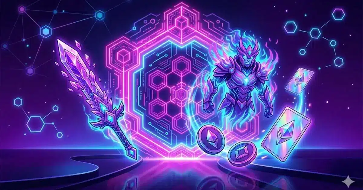 Neon blockchain gaming artwork showing a fantasy character, glowing sword, crypto tokens, NFT cards, and a futuristic digital network background.