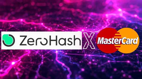 Logo image showing a collaboration between ZeroHash and MasterCard, with a digital network background in pink and purple tones.