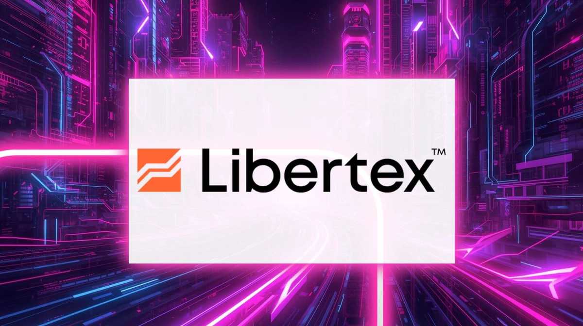 Libertex logosunu merkeze alan dijital illüstrasyon; teknoloji ve finansal ticaret inovasyonunu simgeleyen pembe ve mavi neon ışıklı, devre benzeri fütüristik bir şehir manzarası arka planında yer alıyor.