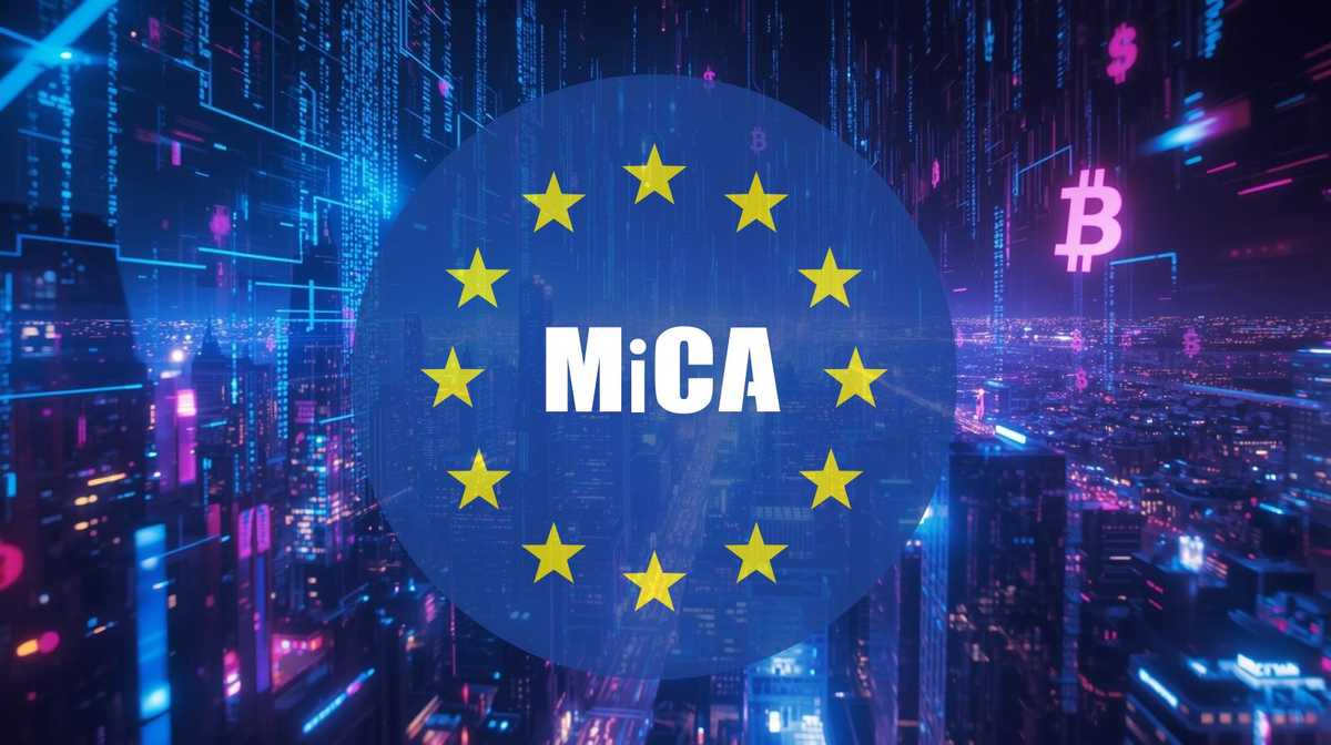 Digital illustration of the European Union flag with the word ‘MiCA’ in the center, symbolizing the EU’s Markets in Crypto-Assets regulation, set against a futuristic city background with Bitcoin icons and blockchain graphics.