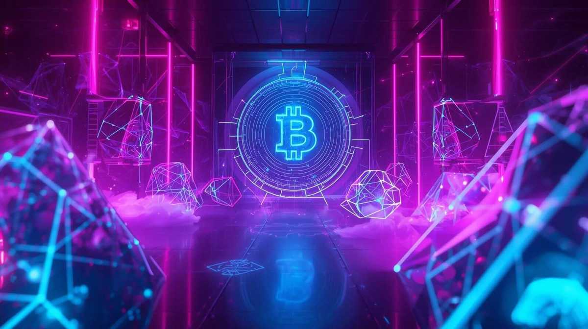 Futuristic digital artwork featuring a glowing Bitcoin symbol in neon blue and pink, surrounded by geometric blockchain shapes and network lines, symbolizing cryptocurrency and digital innovation.