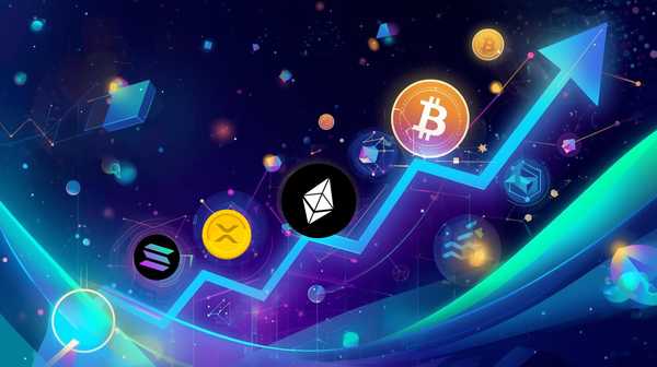 Colorful digital illustration of rising cryptocurrencies represented by a glowing upward arrow, featuring Bitcoin, Ethereum, Ripple (XRP), and Solana icons, symbolizing strong growth potential in the crypto market.