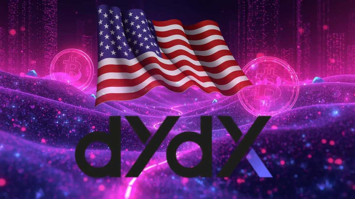 The dYdX logo with a waving U.S. flag above it, set against a glowing pink and purple digital background featuring Bitcoin symbols.