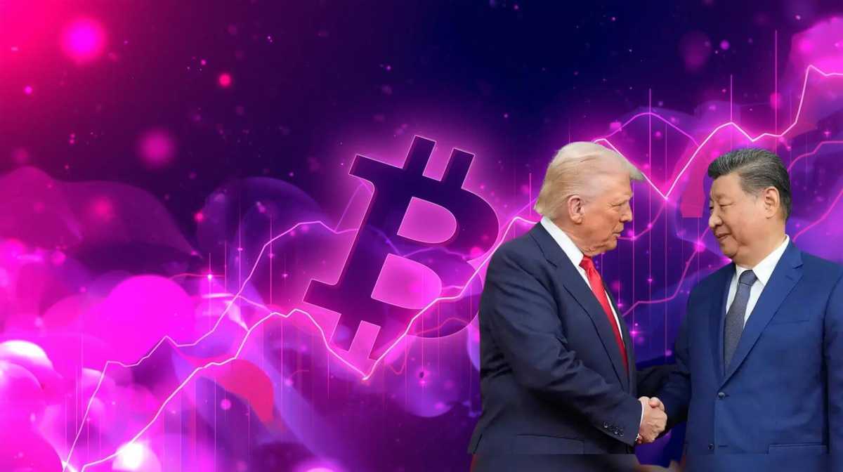 Digital artwork showing two individuals shaking hands in front of a glowing background with a large Bitcoin symbol and stylized financial charts in pink and purple tones.