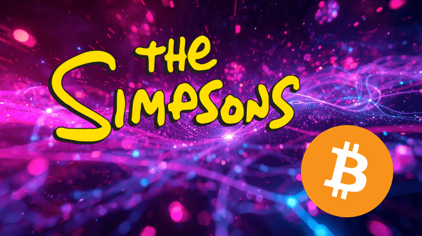 The iconic yellow "THE SIMPSONS" title logo is displayed over a vibrant, abstract, futuristic background of flowing digital data streams in neon pink, purple, and blue light. In the bottom right corner, a large, orange circle contains the white Bitcoin (BTC) logo. The image visually merges one of the world's most famous cartoons with the premier cryptocurrency, symbolizing the intersection of pop culture and digital finance.