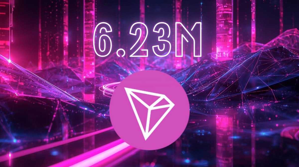 Futuristic digital artwork featuring the TRON (TRX) cryptocurrency logo with the number 6.23M displayed above a neon-lit network landscape in pink and purple tones.