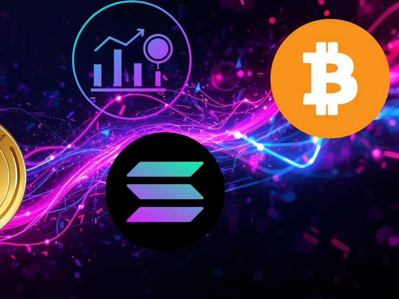 Digital illustration featuring Bitcoin, Ethereum, and Solana symbols alongside a rising chart icon, representing cryptocurrency market predictions and future growth potential.