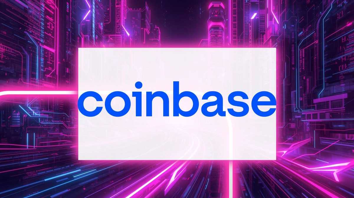 Ortada Coinbase logosunun yer aldığı, neon ışıklarla süslenmiş fütüristik dijital arka plan; kripto para borsası platformunu temsil ediyor.
