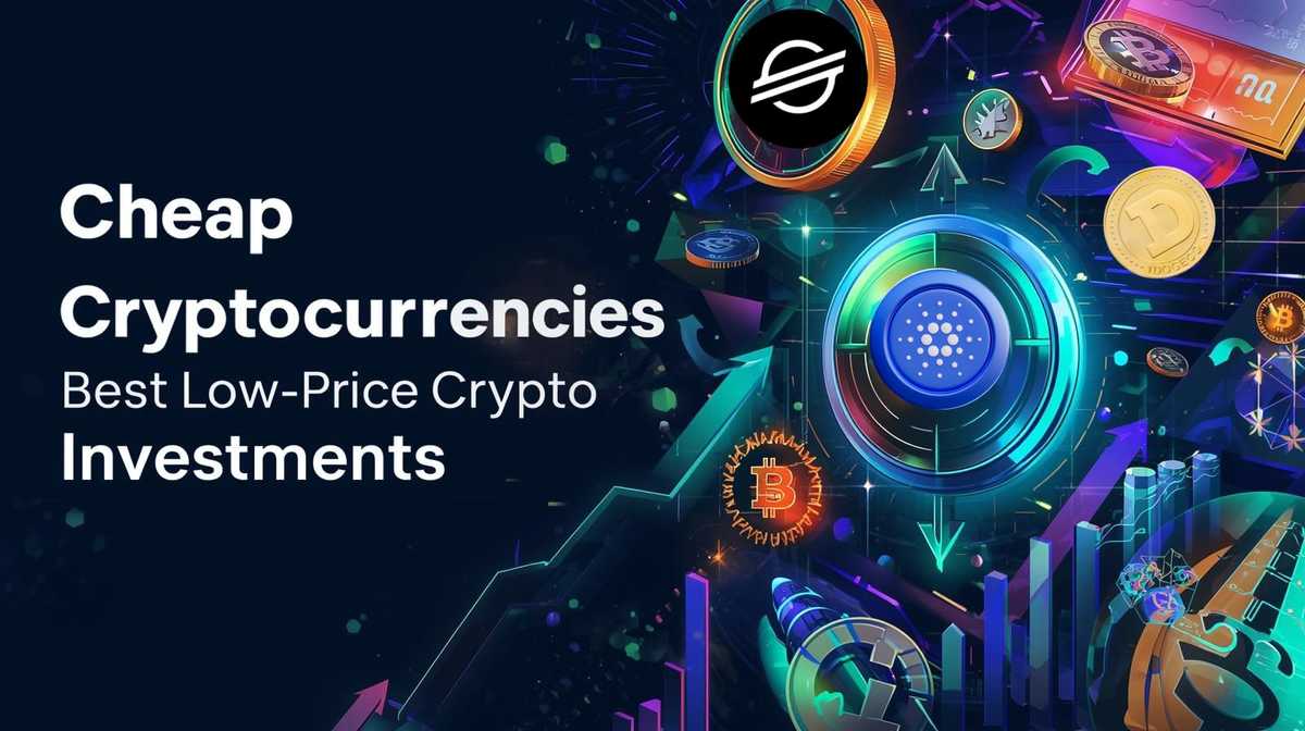 Illustration of various low-cost cryptocurrencies including Bitcoin, Stellar, Cardano, and Dogecoin, with glowing charts and upward arrows, alongside the text ‘Cheap Cryptocurrencies – Best Low-Price Crypto Investments,’ symbolizing affordable investment opportunities in the crypto market.