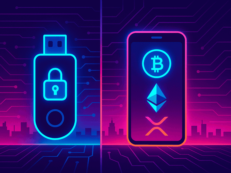 Neon cyberpunk vector illustration split-screen showing two types of crypto wallets. On the left, a glowing blue hardware wallet shaped like a USB stick with a lock icon symbolizes secure cold storage. On the right, a futuristic smartphone displays a crypto wallet app with glowing Bitcoin, Ethereum, and XRP icons. The background features a magenta and cyan digital circuit-board grid fading into a neon skyline.