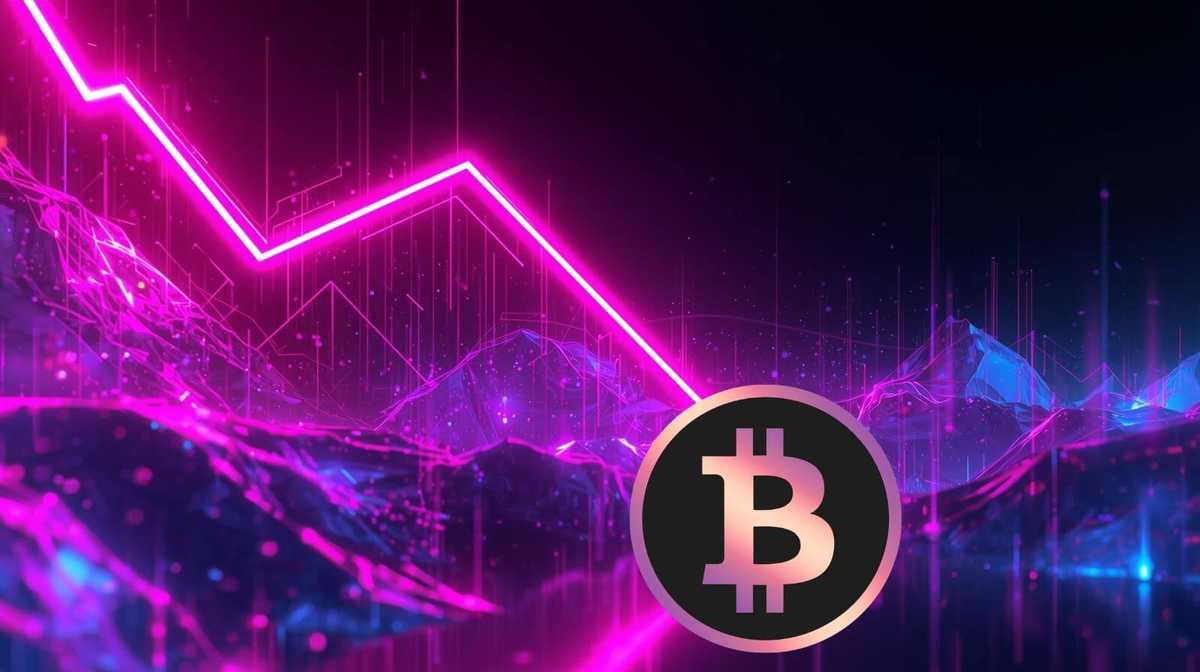 A digital image showing a Bitcoin symbol in front of a neon pink downward trend line, representing a drop in cryptocurrency value against a futuristic background.