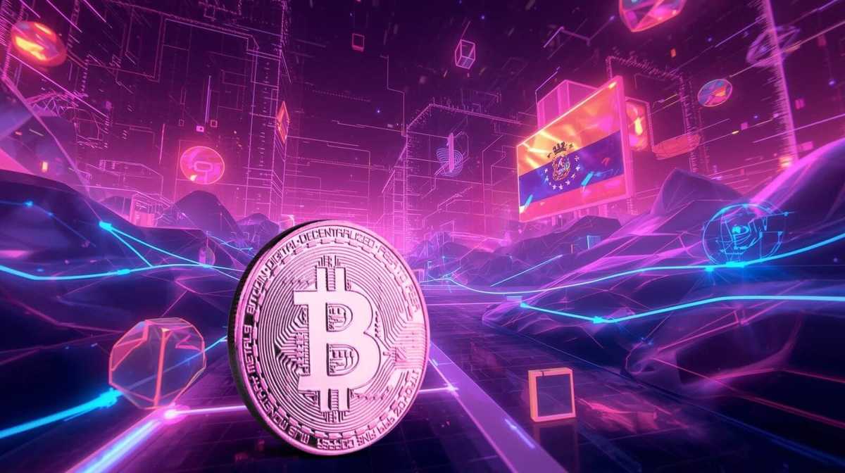 A digital illustration featuring a glowing Bitcoin coin in the foreground with neon purple and pink blockchain graphics and a flag displayed on a futuristic screen in the background.