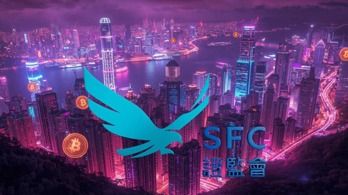 Futuristic digital artwork of a glowing cityscape with Bitcoin symbols floating above skyscrapers, featuring the logo of the Hong Kong Securities and Futures Commission (SFC) in the foreground.